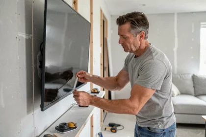Homme mesurant un mur en placo avant de fixer une télévision murale, avec un mètre ruban et un détecteur de montants