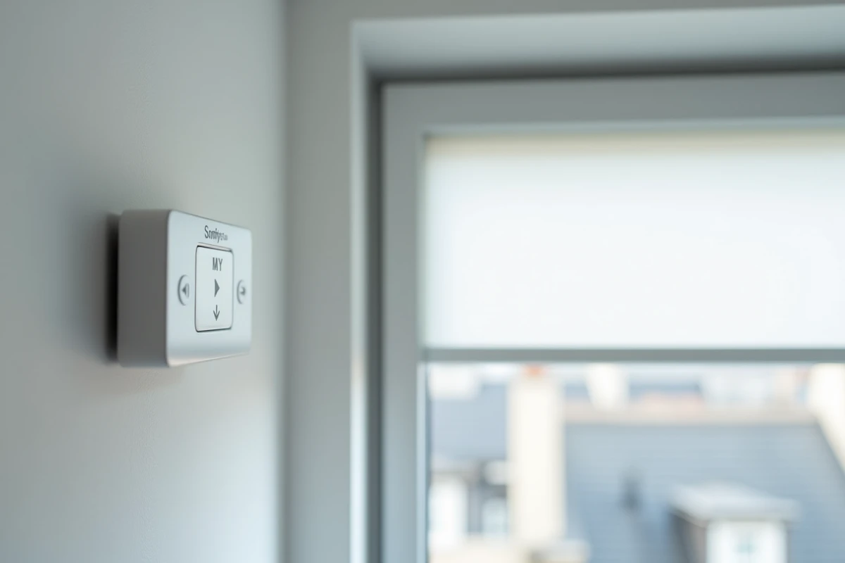 Gros plan sur un module de commande murale Somfy RTS avec volet roulant bloqué en position haute visible en arrière-plan