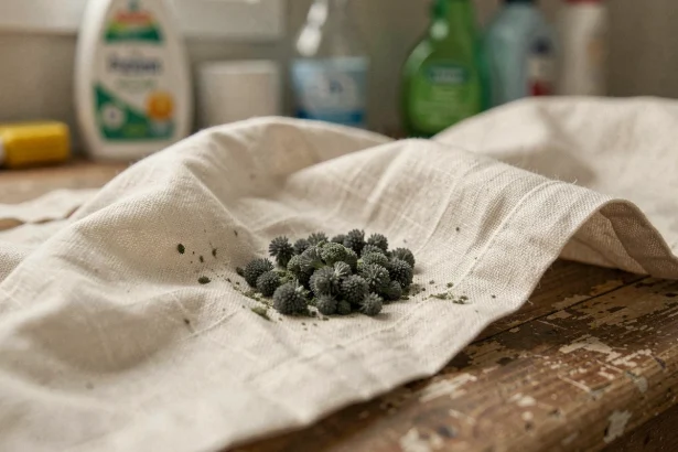 Gros plan sur des taches de moisissure vert-gris sur un tissu en lin froissé posé sur une surface en bois dans une buanderie