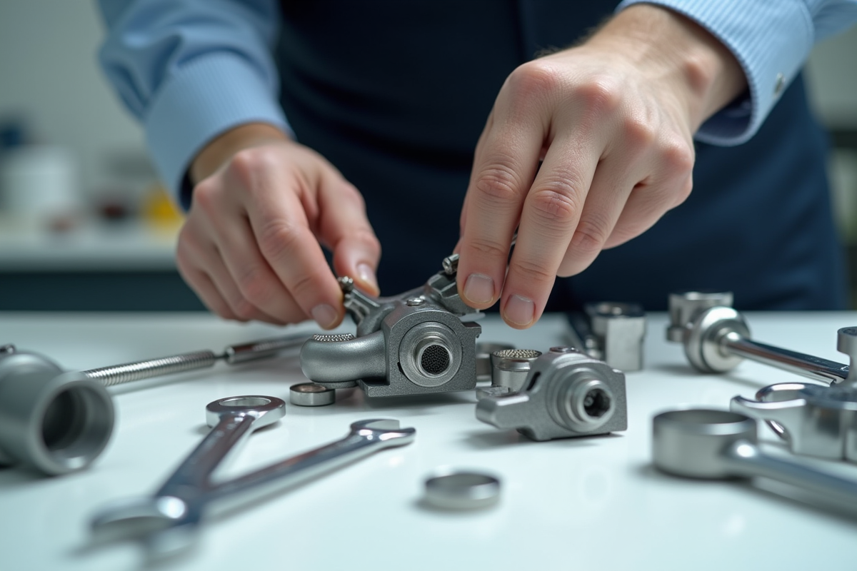 Mains assemblant des composants mécaniques avec outils précis