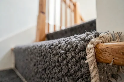 Détail d'une marche d'escalier en moquette grise avec bord décollé et effiloché, erreur d'installation courante
