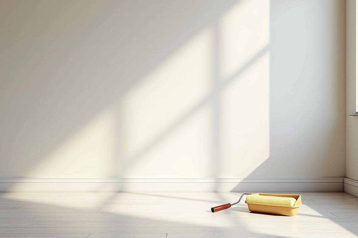 Mur fraîchement peint dans un salon moderne avec rouleau et plateau de peinture