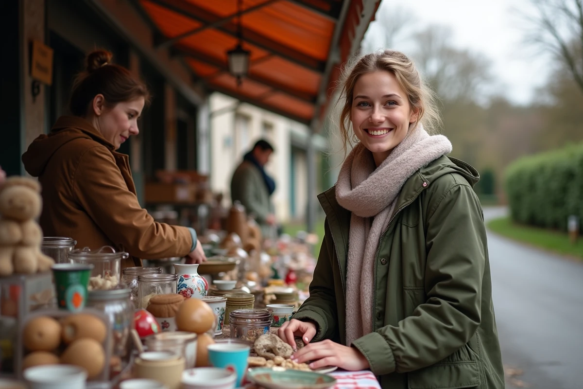 Jeune femme souriante négociant à la brocante en village