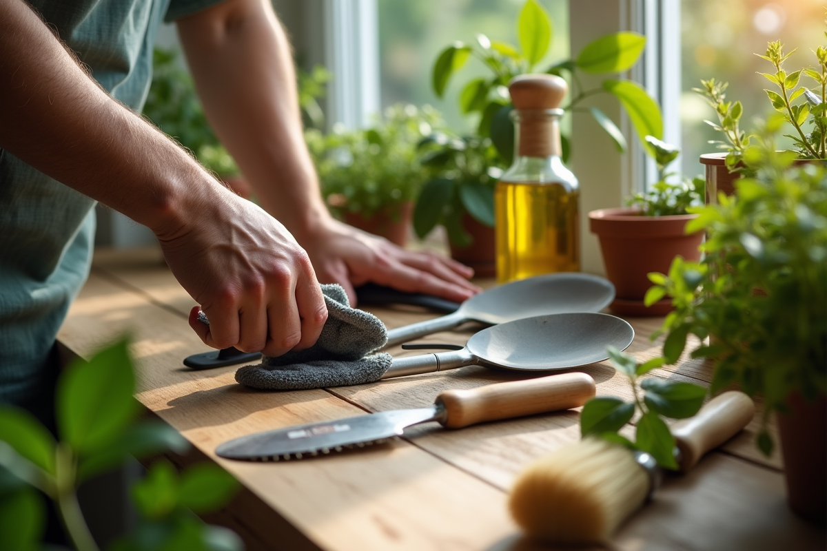 Mains de jardinier nettoyant des outils de jardinage avec un chiffon