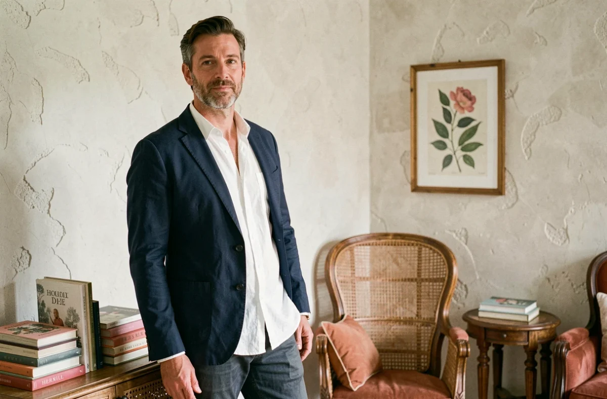 Adrien Maury, décorateur de Notes de Styles Hérault, devant un coin salon décoré de style méditerranéen raffiné