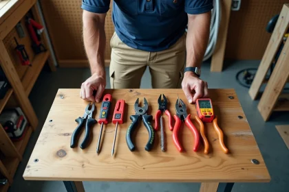 Outillage électrique complet disposé sur un établi en bois pour un branchement de prise 3 fils : dénude-fil, tournevis, testeur de tension et câble tripolaire