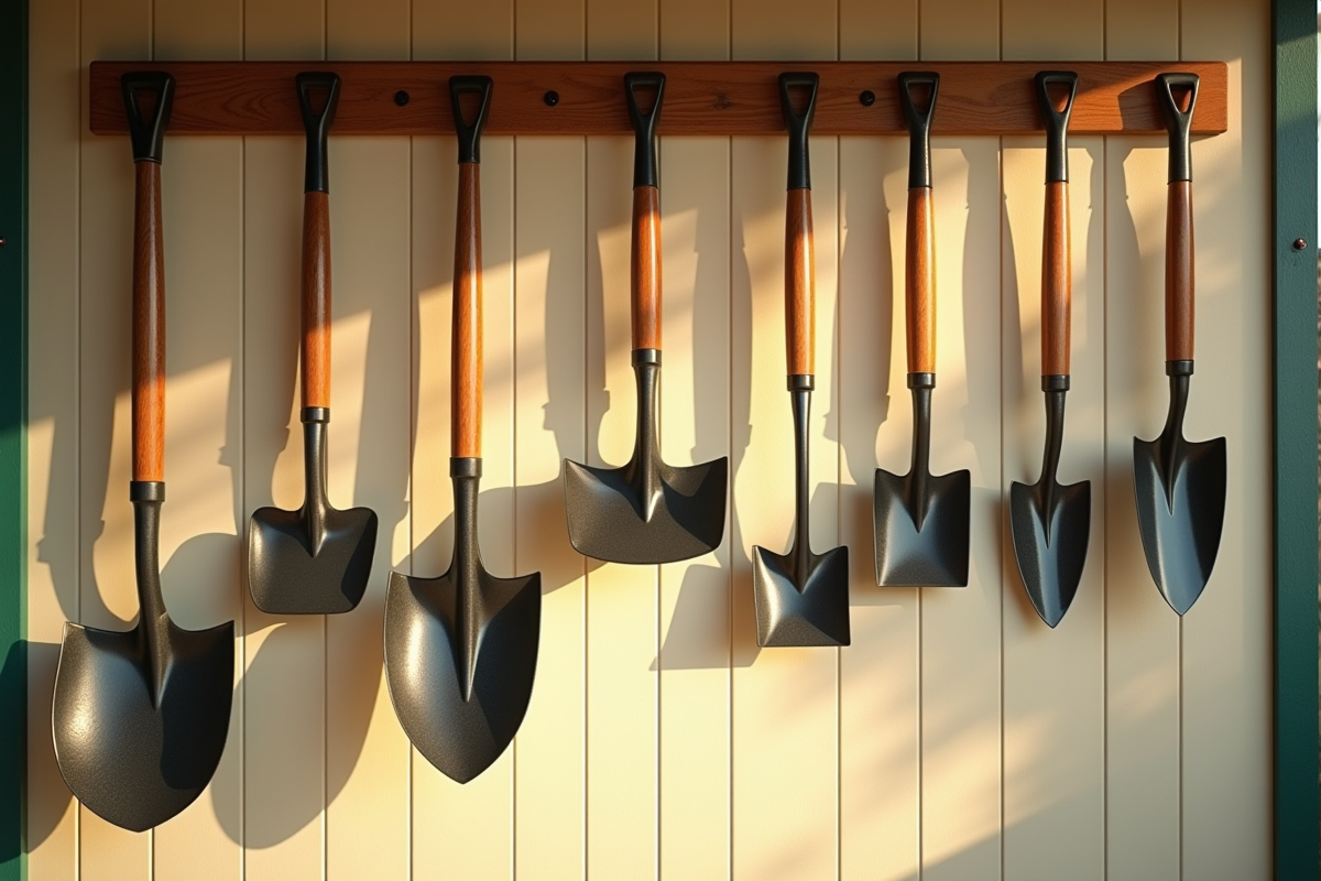 Outils de jardinage suspendus proprement sur un mur lumineux