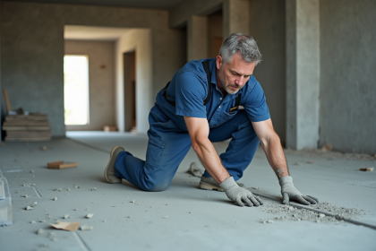 Ouvrier en overalls appliquant du screed sur sol béton