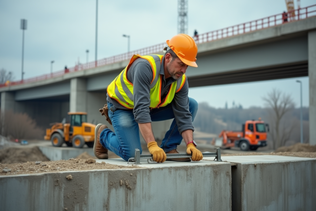 Ouvrier de chantier en veston haute visibilité posant un support en acier
