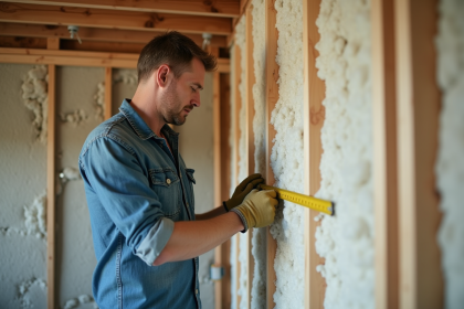 Ouvrier mesurant l'isolation dans une maison en rénovation