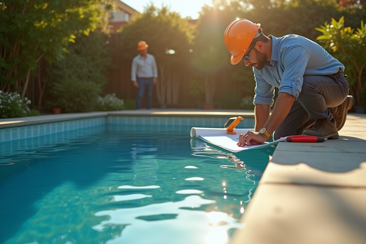 Ouvrier mesurant une piscine dans le jardin ensoleille