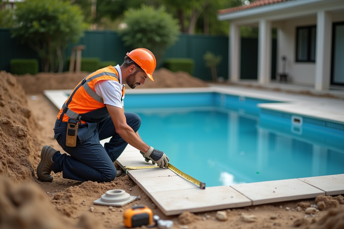 Ouvrier mesurant piscine en construction dans jardin