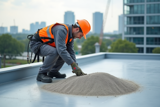 Ouvrier couvreur posant du gravier sur un toit urbain