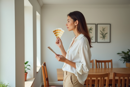 Femme examinant une palette de couleurs dans un salon moderne
