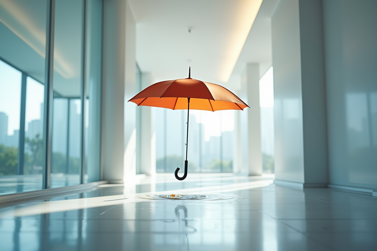 Parapluie inversé dans un hall lumineux et moderne