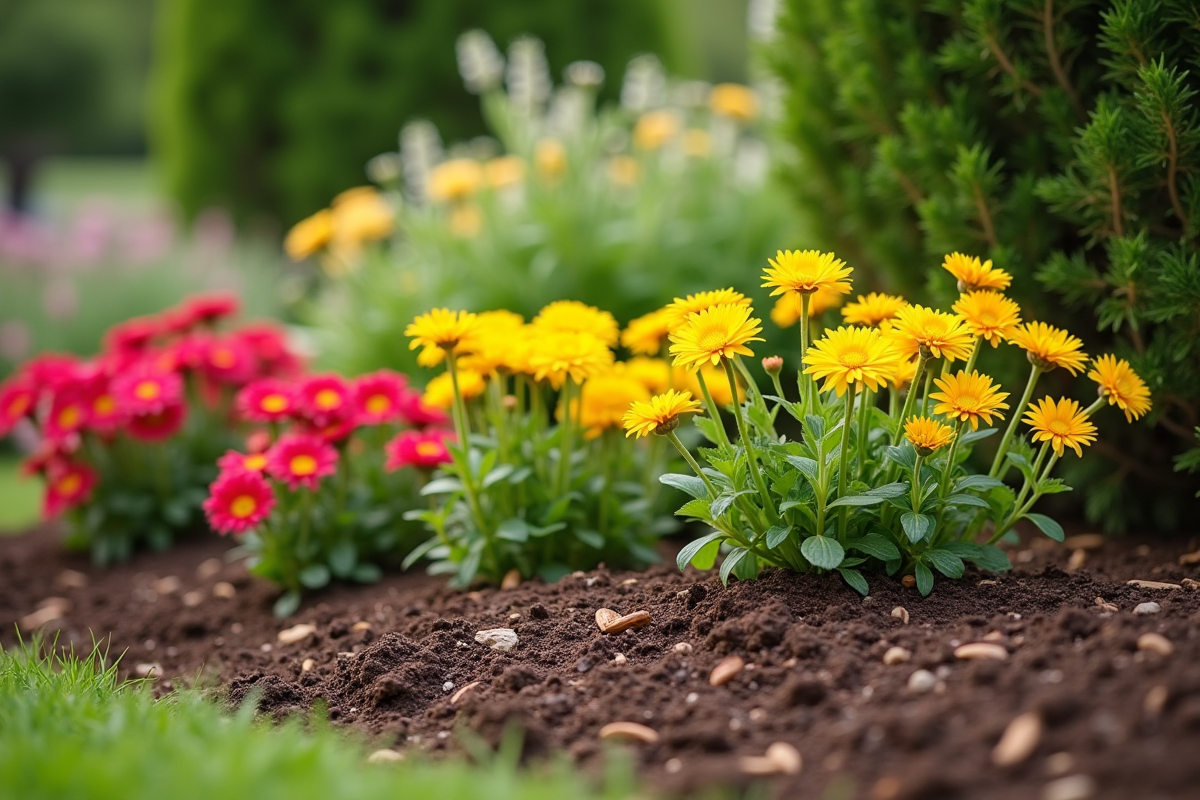 Parterre de fleurs avec paillis écologique et plantes colorées