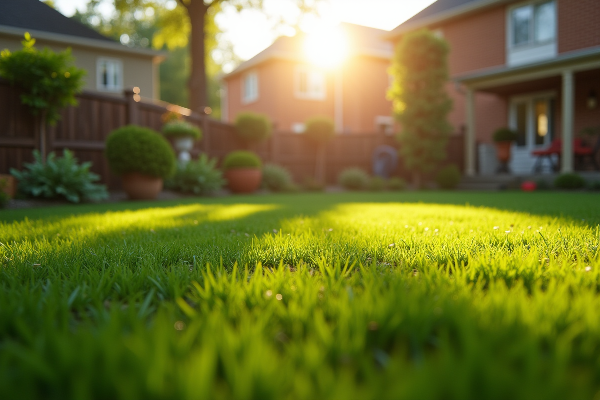 Pelouse bien entretenue dans un jardin en matinée ensoleillée