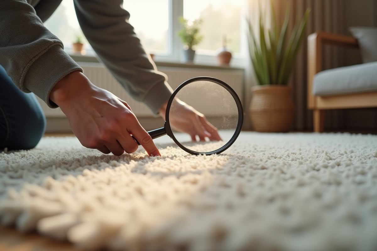 Personne vérifiant un tapis de salon avec loupe et toucher
