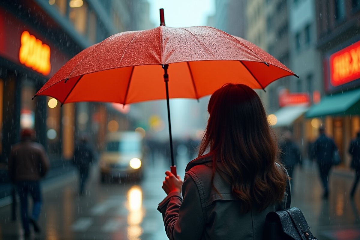 Personne avec parapluie inversé sur un trottoir urbain après pluie