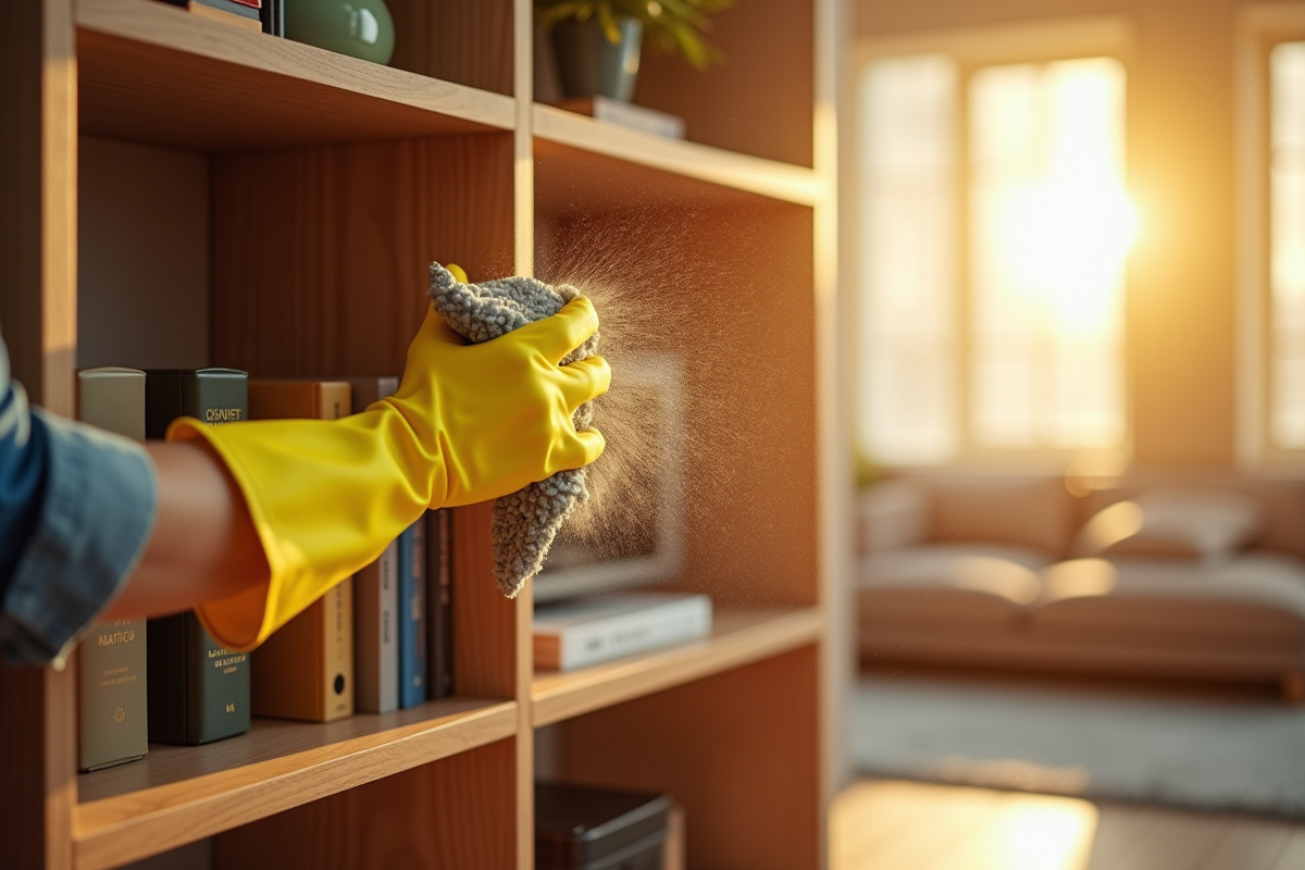Personne nettoyant une étagère en bois lumineux dans un salon ensoleille