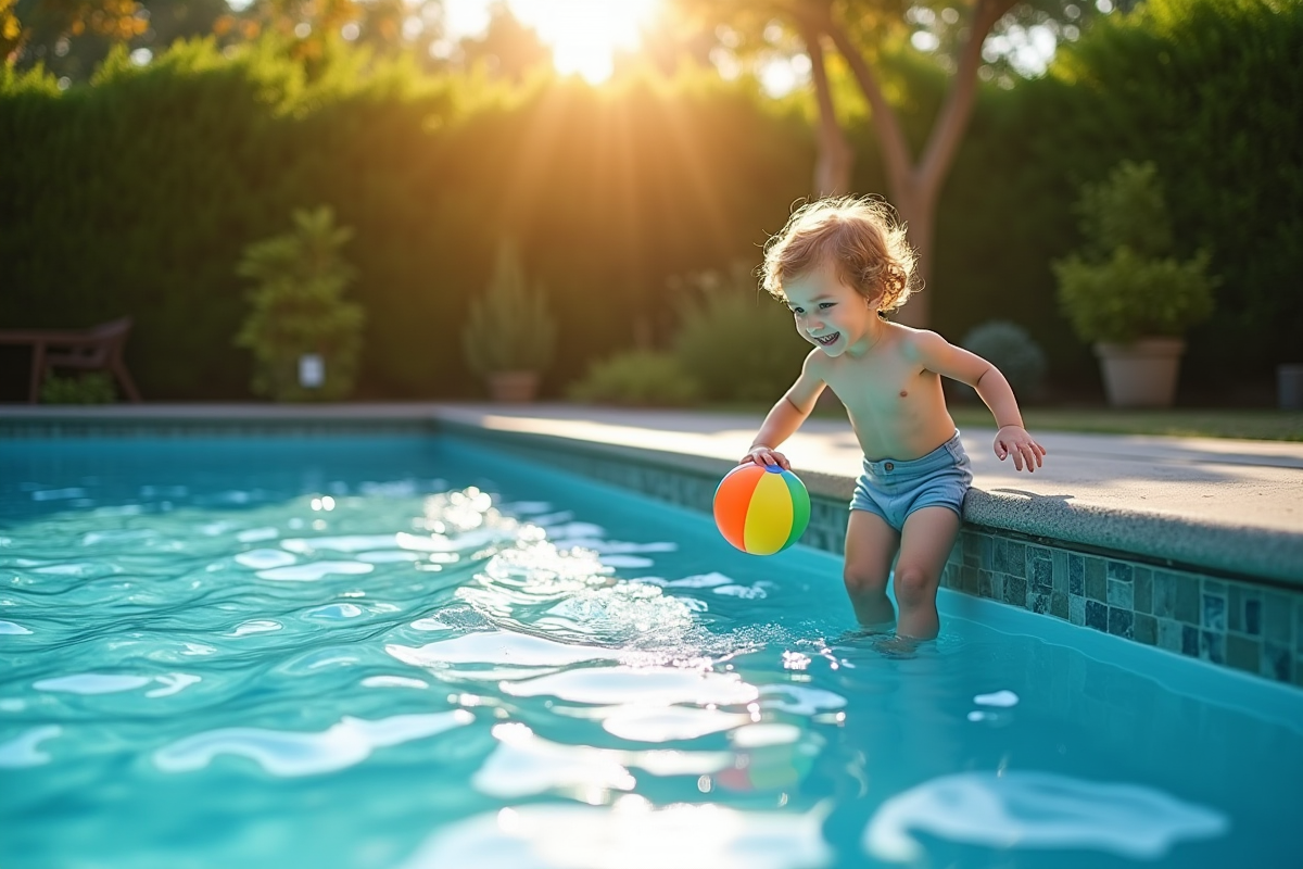 Enfant curieux près d'une piscine avec couverture automatique