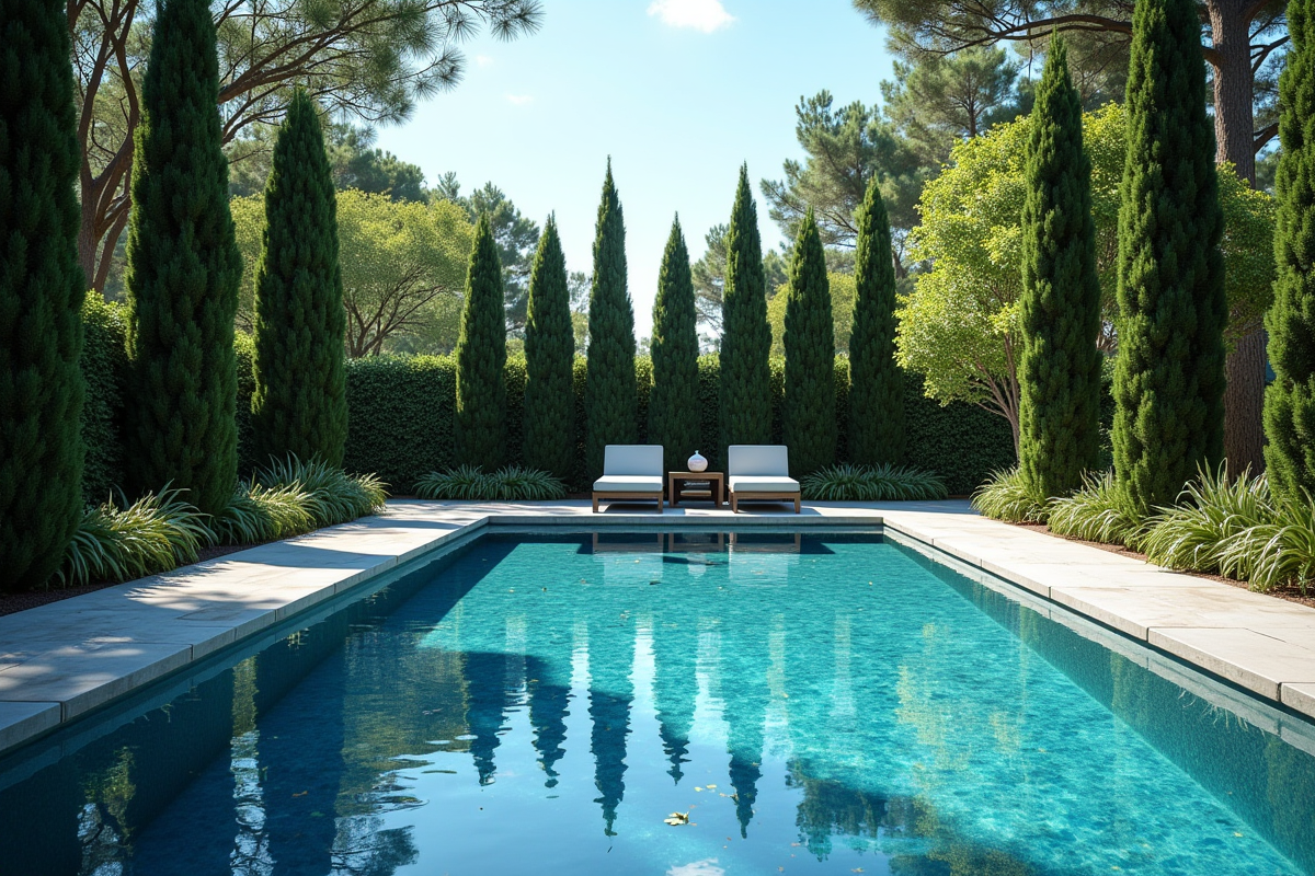 Piscine moderne dans un jardin avec cyprès et pins ombrageant