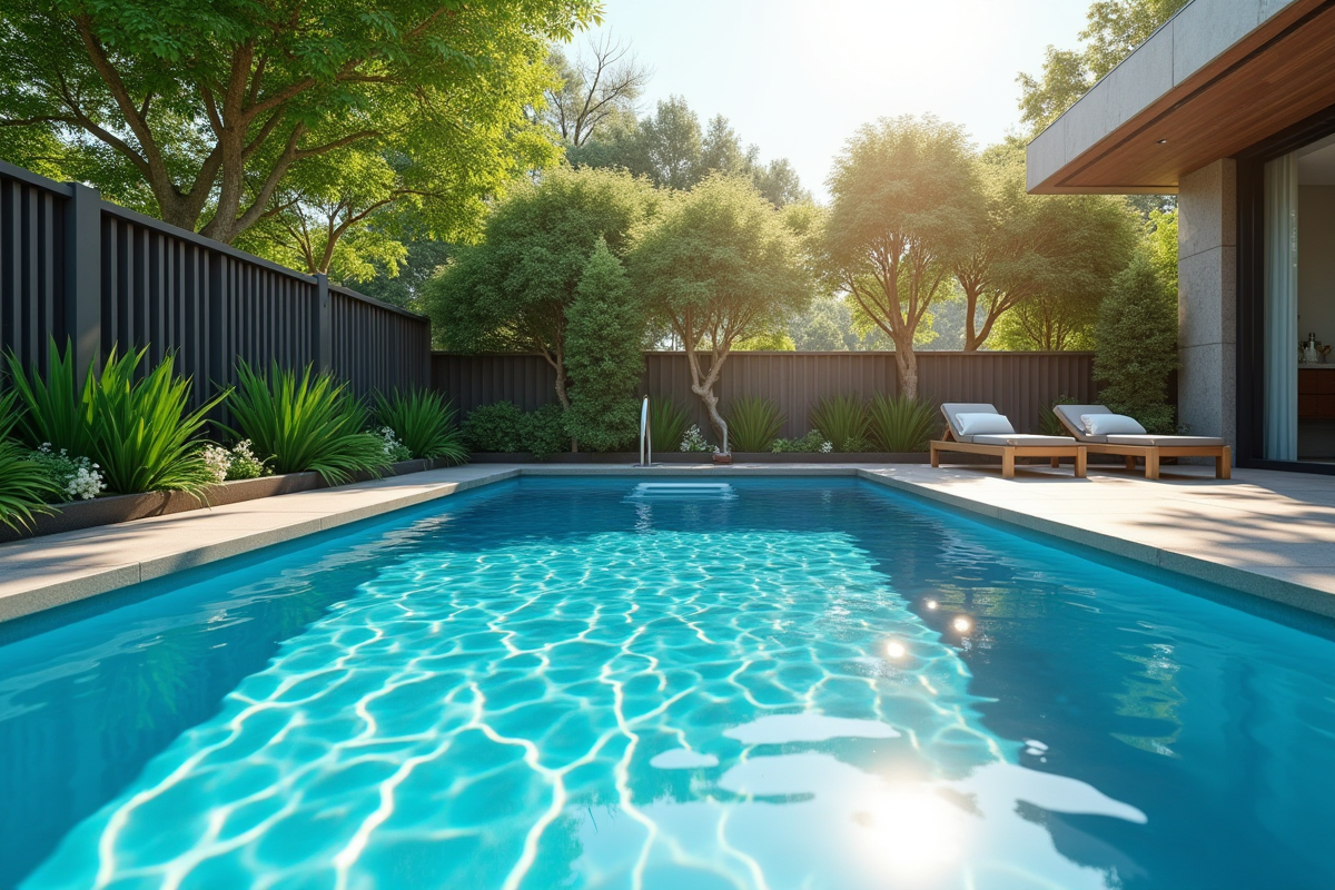 Piscine moderne dans un jardin avec clôture de sécurité
