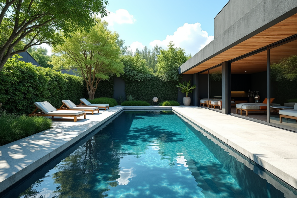 Piscine moderne avec margelle en béton dans un jardin verdoyant