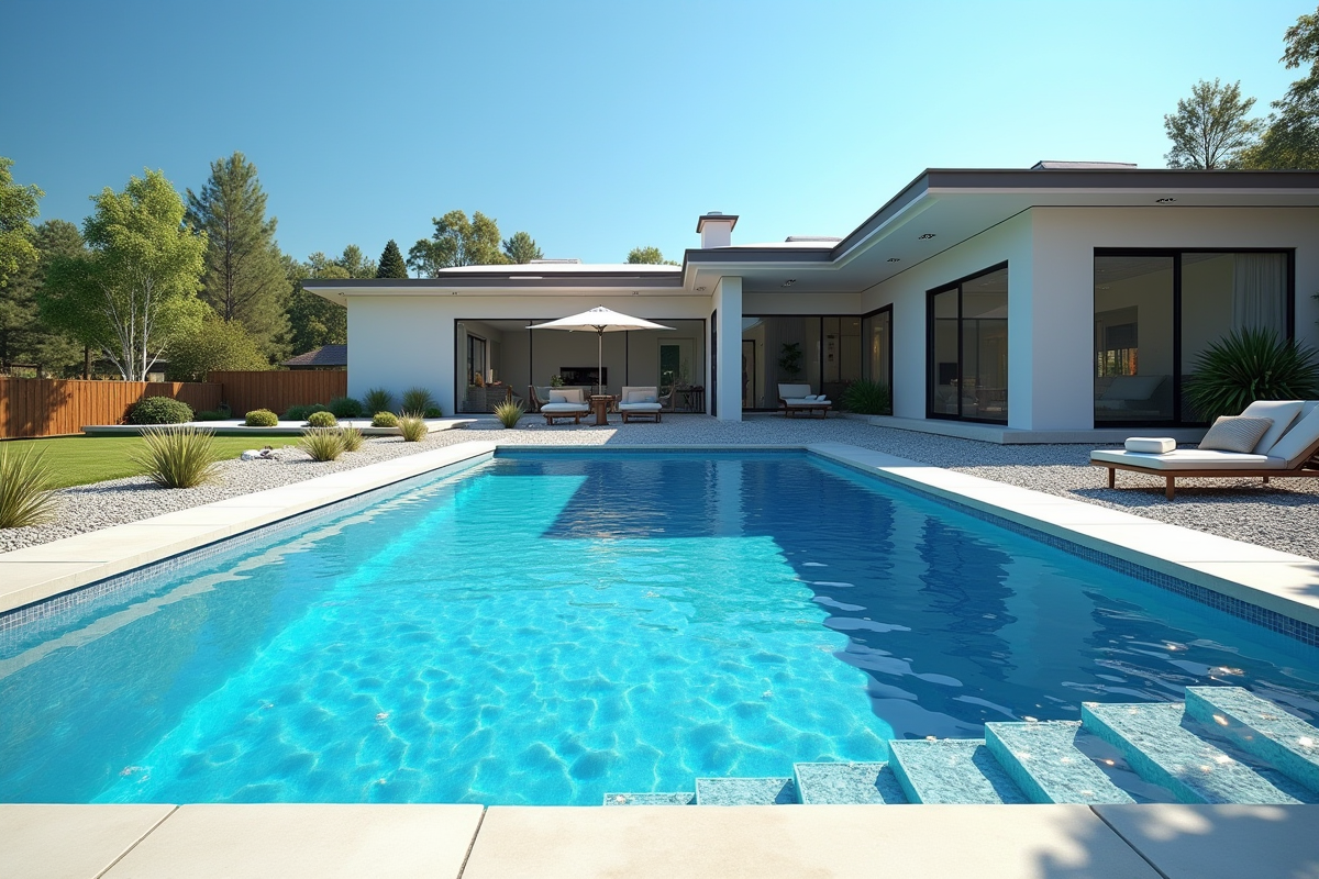 Piscine en construction avec matériaux et maison moderne