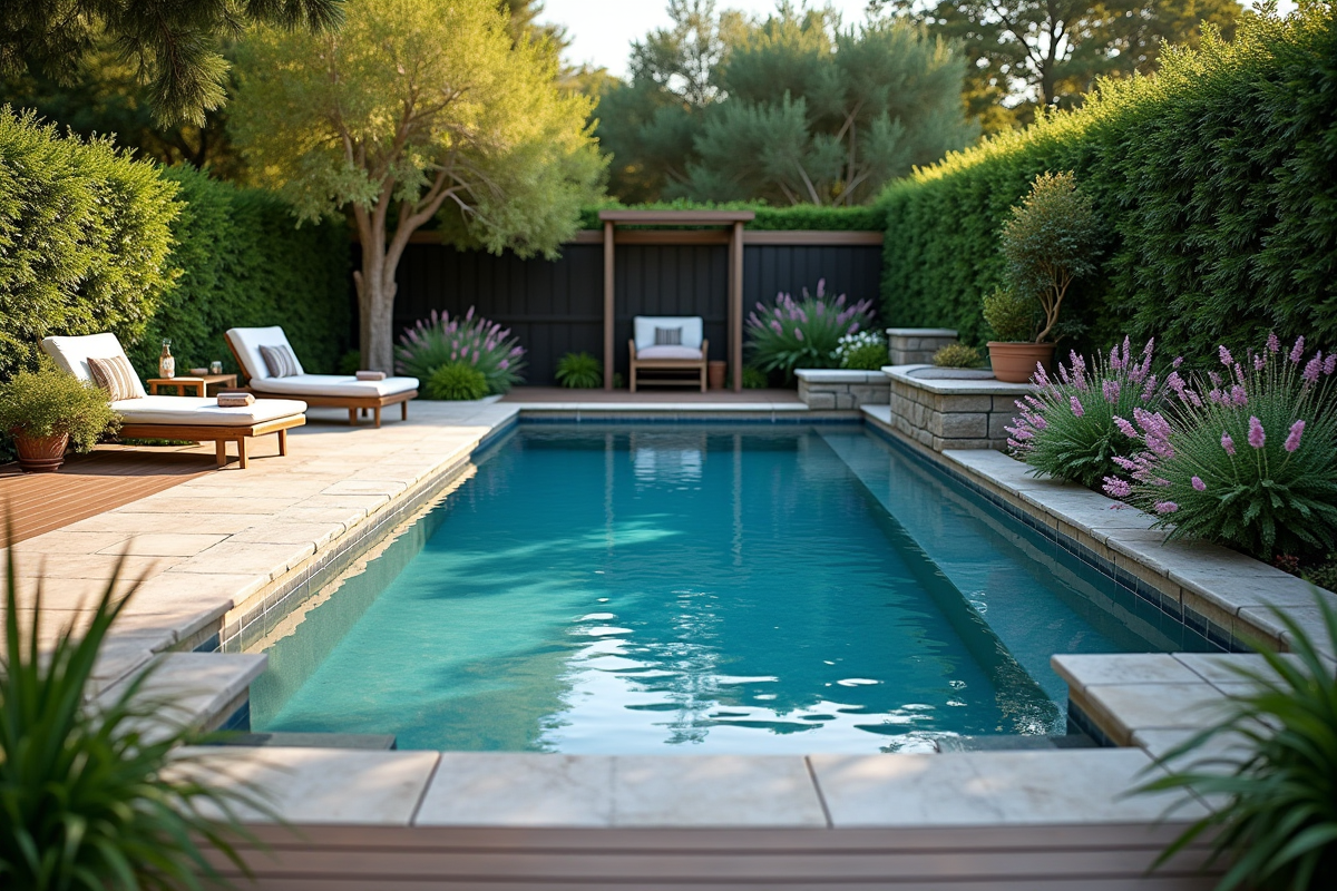Piscine en pierre naturelle dans un jardin paisible en fin d