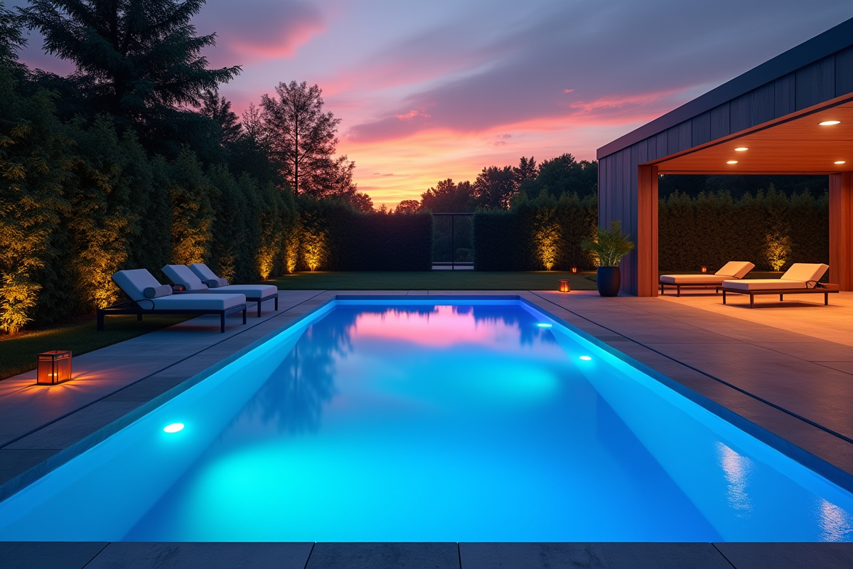 Piscine moderne au coucher du soleil avec lumières LED colorées