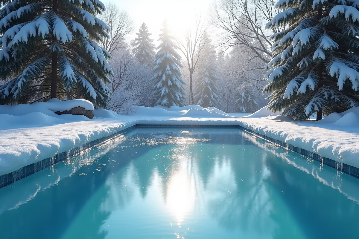 Piscine moderne en hiver avec glace et neige sur les bords