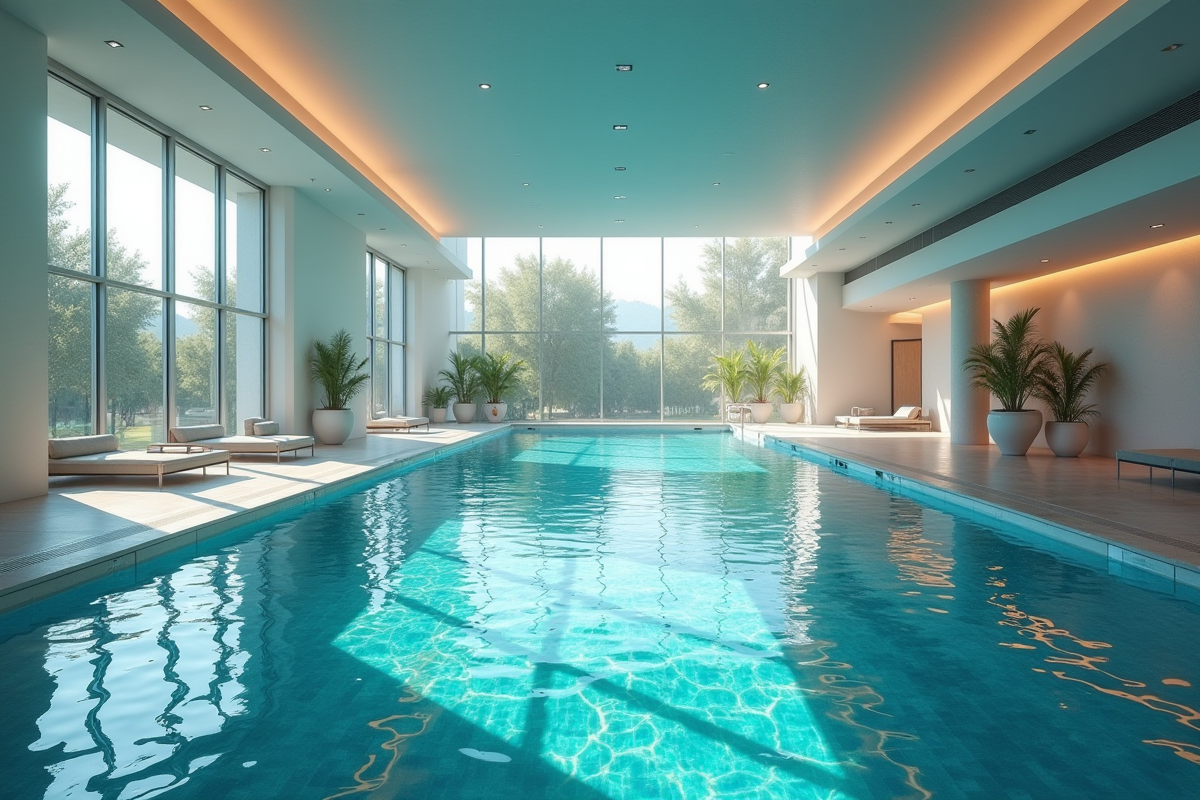 Piscine intérieure lumineuse avec grandes fenêtres et éclairage naturel