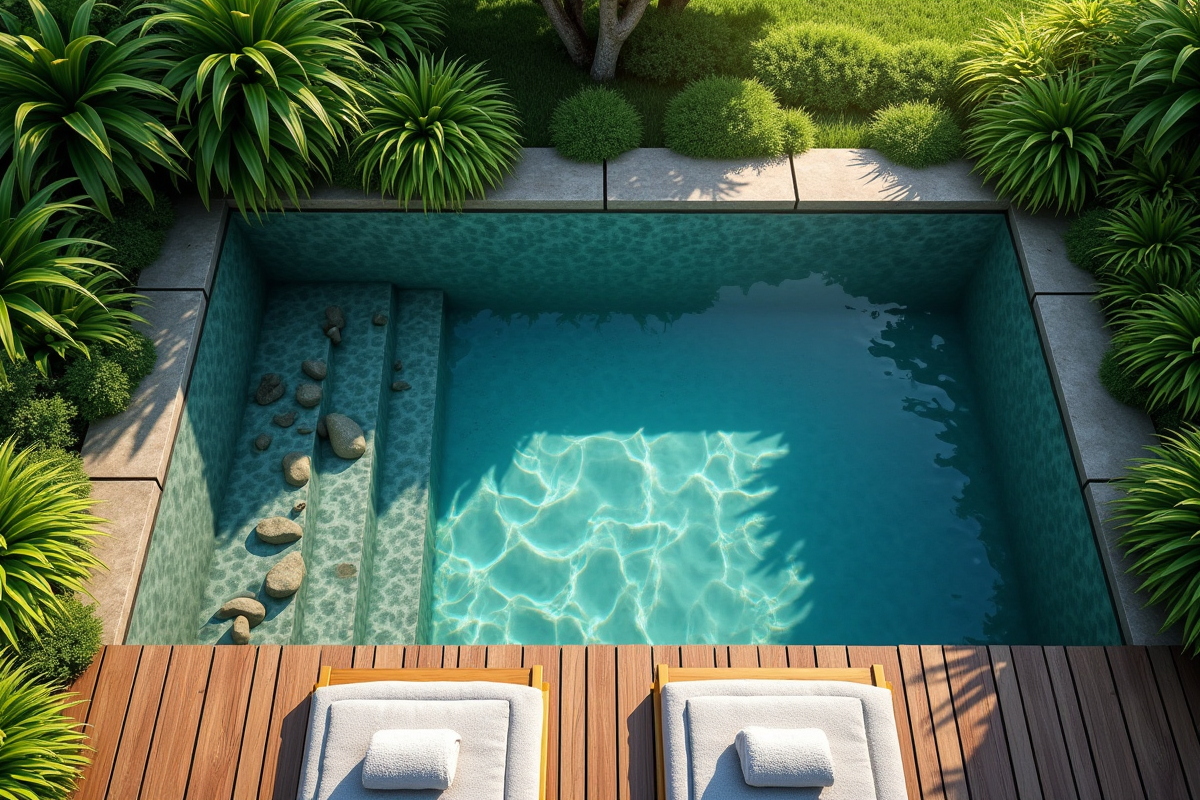 Piscine naturelle entourée de plantes vertes et soleil