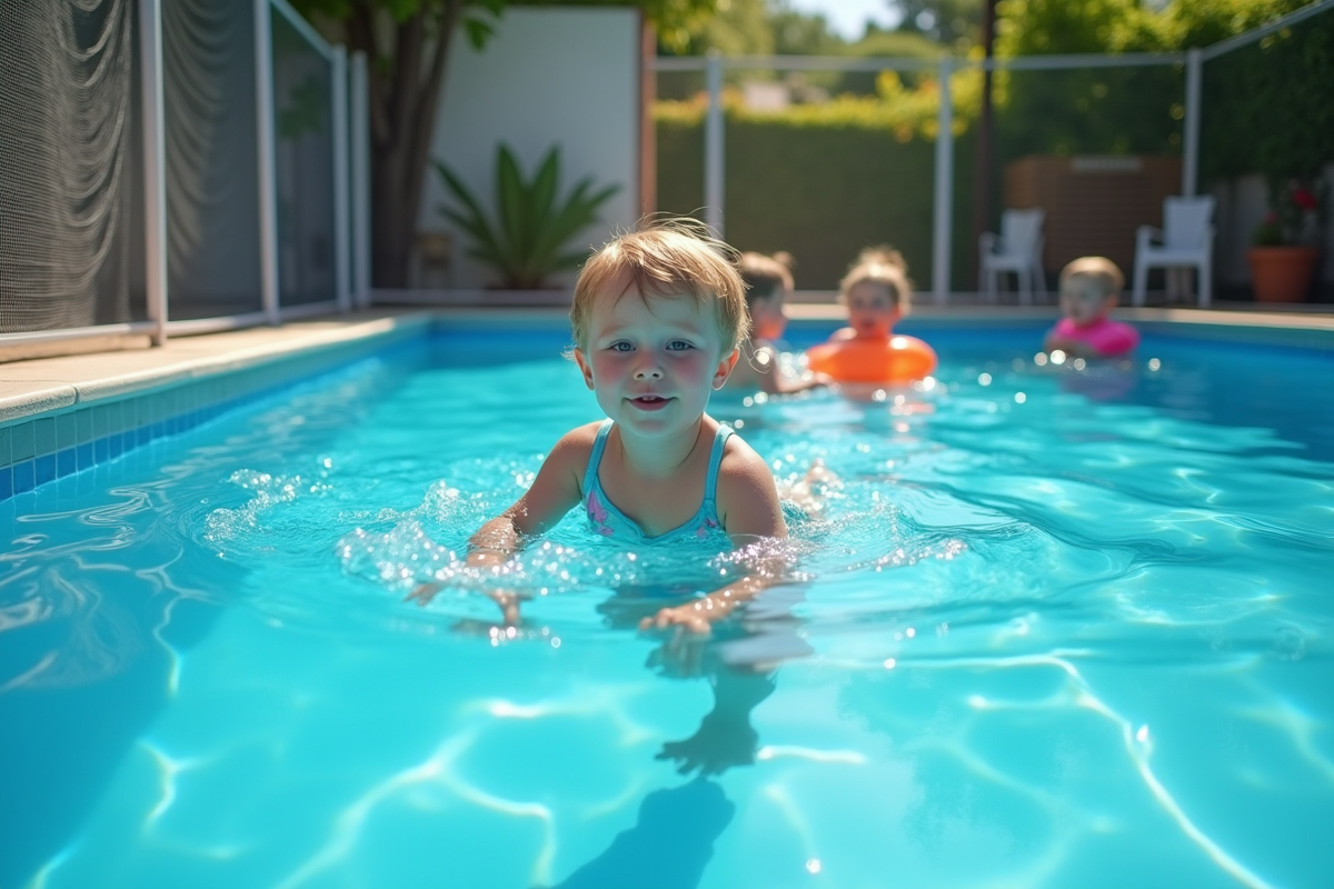 Enfants jouant dans une piscine traditionnelle avec barrière de sécurité