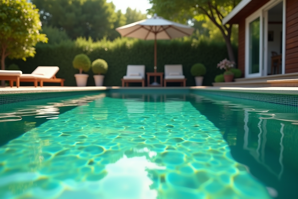 Piscine avec eau verte émeraude en extérieur ensoleillé