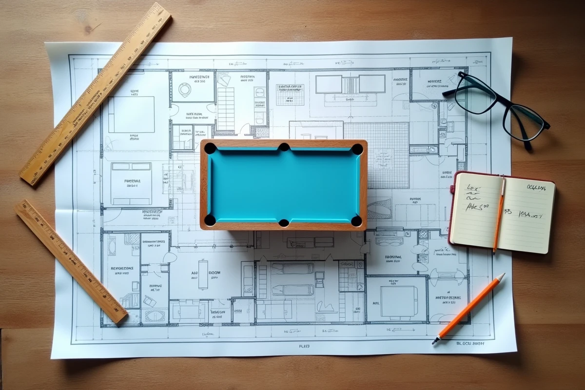 Plan architectural d'une pièce avec découpe de table de billard américain pour choisir les bonnes dimensions