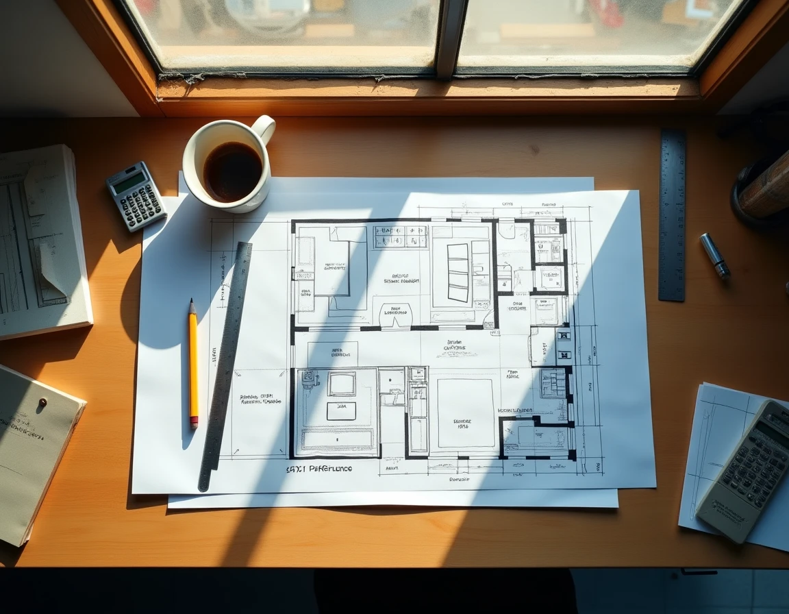 Plans de construction annotés avec des calculs de mètres cubes de béton sur un bureau de chantier