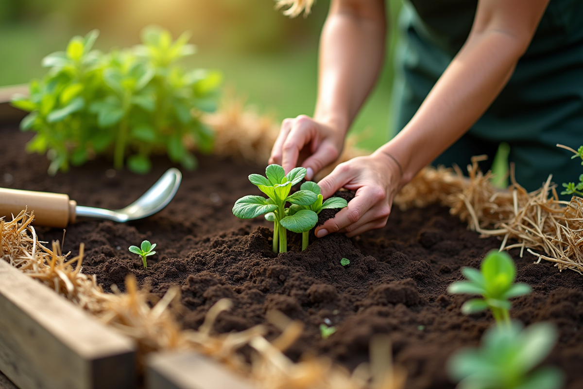 Personne plantant de jeunes légumes dans un lit surélevé