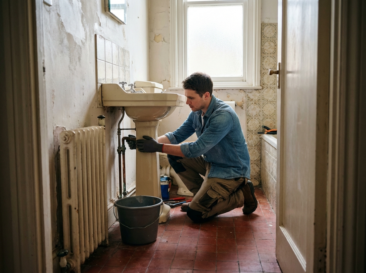 Jeune plombier examinant des tuyaux dans une salle de bain ancienne