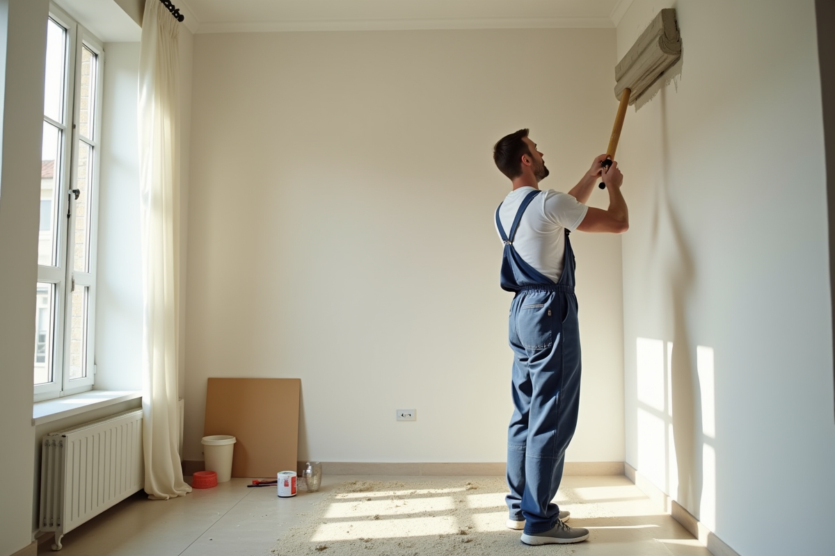 Plâtrier appliquant un enduit lisse dans un salon lumineux
