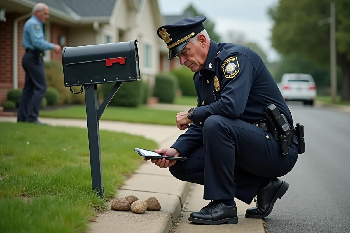 Policier examinant des cailloux disposés près d'une boîte aux lettres lors d'une intervention pour suspicion de repérage avant cambriolage