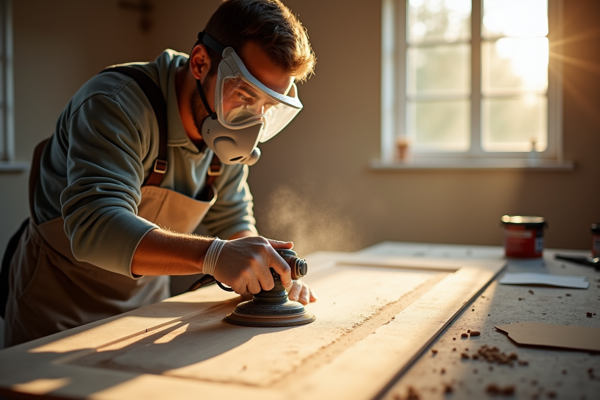 Personne portant un masque de protection et lunettes de sécurité ponçant une porte en bois
