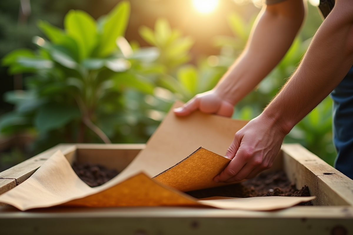 Mains d’un jardinier posant du carton dans un lit de jardin en bois