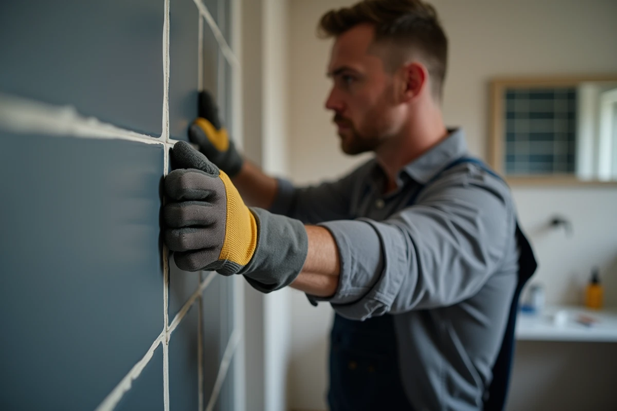 Pose de dalles murales PVC anthracite avec système d'emboîtement dans une petite salle de bain en cours de rénovation