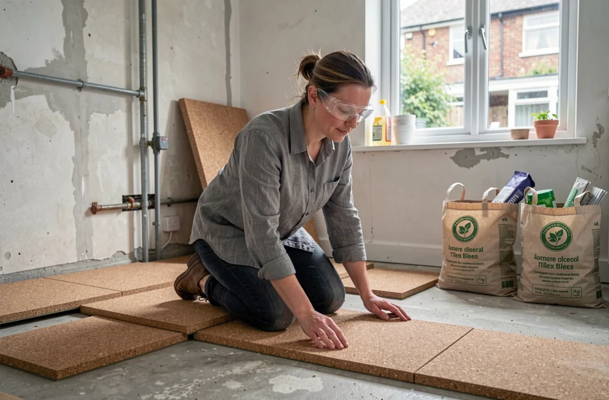 Femme posant des dalles de liège isolantes dans une cuisine en cours de rénovation économique et écologique