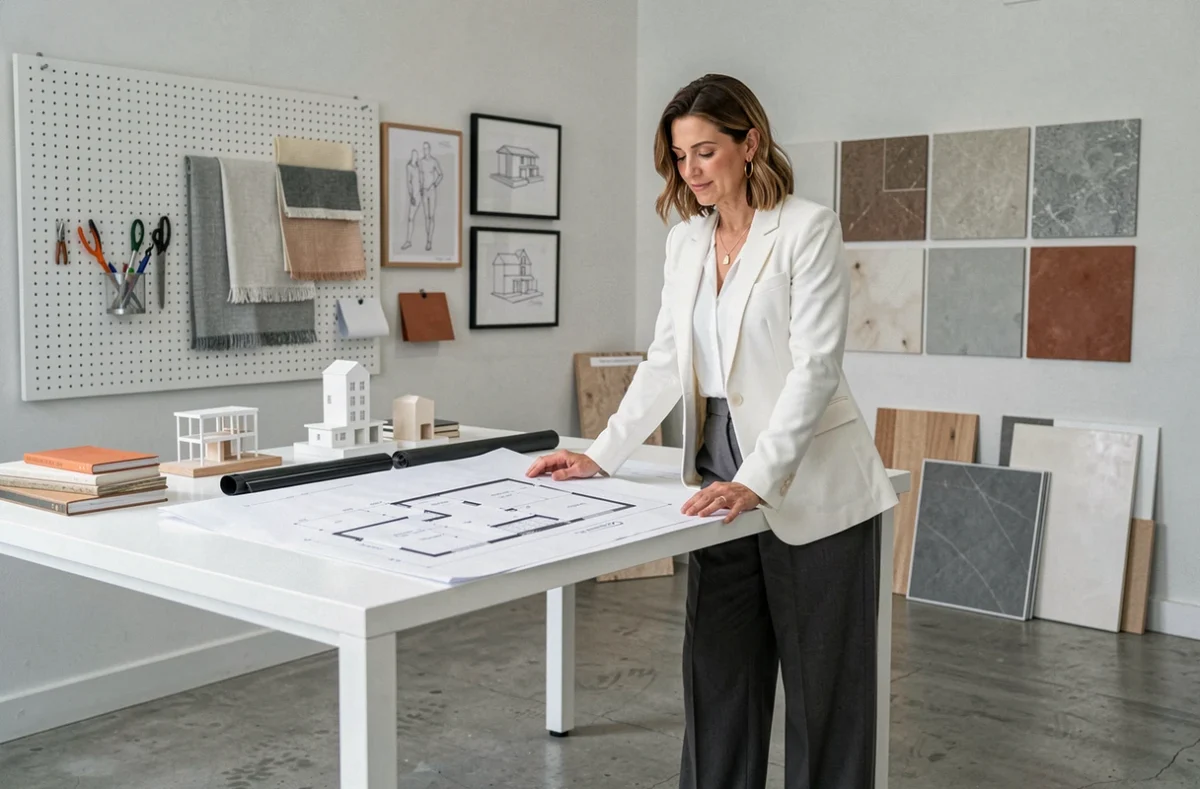 Précilia Bourgeois, designer FA&Design, consultant des plans d'architecture sur une grande table de travail dans son studio moderne