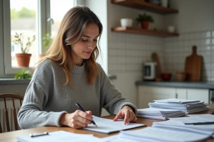 Femme préparant ses documents administratifs pour un déménagement EDF à une table en bois dans un appartement parisien