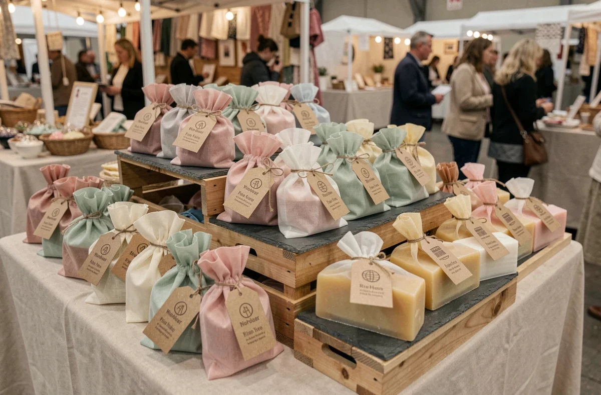 Étal de marché artisanal avec rangées de savons présentés dans des sachets en organza et coton avec étiquettes kraft