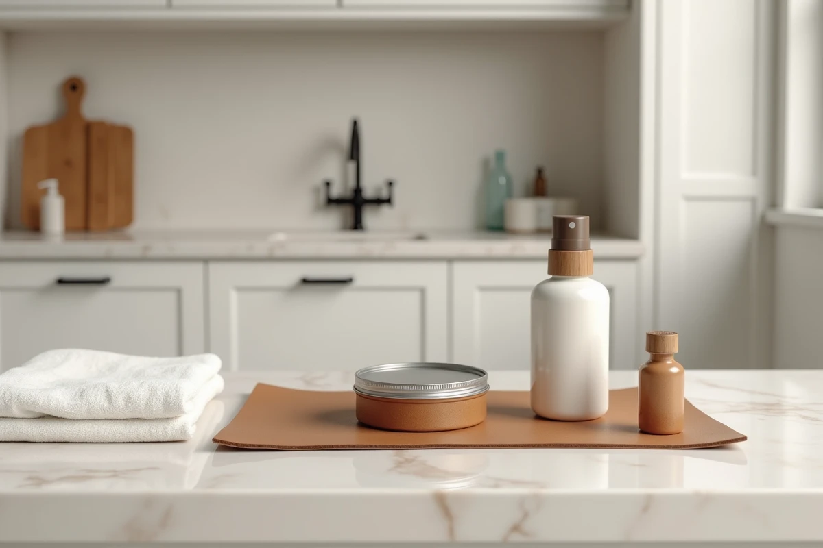 Produits d'entretien pour canapé en cuir fragile disposés sur un plan de travail en marbre dans un intérieur moderne